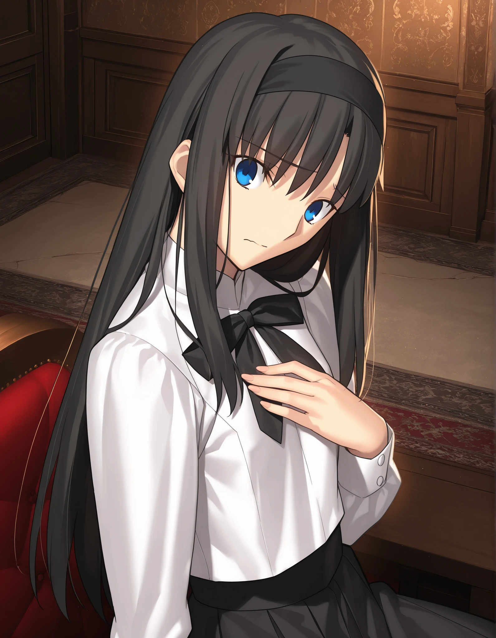 masterpiece, , absurdres, highres, detailed background, high resolution, masterpiece, necessary, detail, best quality, quality, necessary, details, High details, Precise, indoors, medieval interior, gothic, from side, from above, close up,
1girl, , Takeuchi Takashi (type-moon,tsukihime) style, takeuchi takashi style, (aged up:1.5), sitting, (head tilt), hand on chest, worried,
tall girl, mature, Akiha_Tohno, (tsukihime), black hair, bangs, long hair, blue eyes, wide eyed, ,black headband, straight hair, tsurime, ,,
(white shirt, black long skirt), black ribbon, (small breasts, flat chest), , looking at viewer, ,