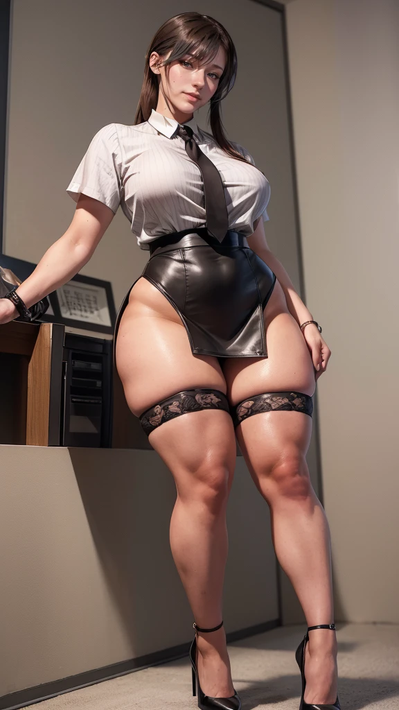White hair , short hair, pinched eyes, (big-:1.5), Thin legs, thin body, leather collar, Maid outfit victorian, dynamic pose, full body, view from below, wide hips, kneel on the sheet in bed