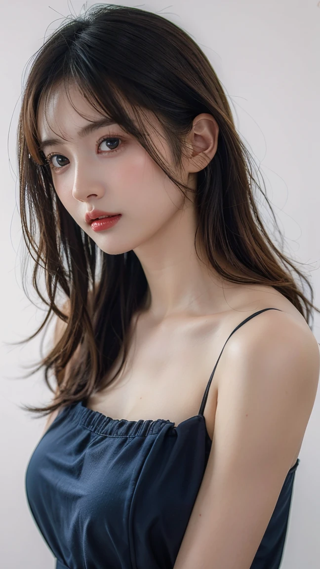 ((top quality, 8k, masterpiece: 1.3)), sharp focus: 1.2, cute beautiful woman with perfect body: 1.4, slim big: 1.2, (dark brown hair, big: 1.2)), (sleeveless shirt, half-naked, very detailed breasts, happy look, standing: 1.2), office, very detailed face and skin texture, detailed eyes, double eyelids, beautiful lighting, little cleavage look