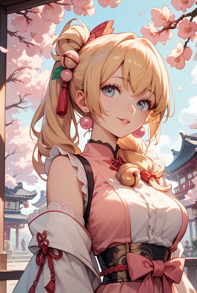 masterpiece, best quality, 1 girl, solo, large breasts, swept bangs, honey blond hair, blunt bangs , pink chinesedress, mini skirt, pink eyes, leaning forward, smile, (close-up breasts:1.2), cleavage, (Beijing:1.2), medium length hair , curly hair , two side up ,