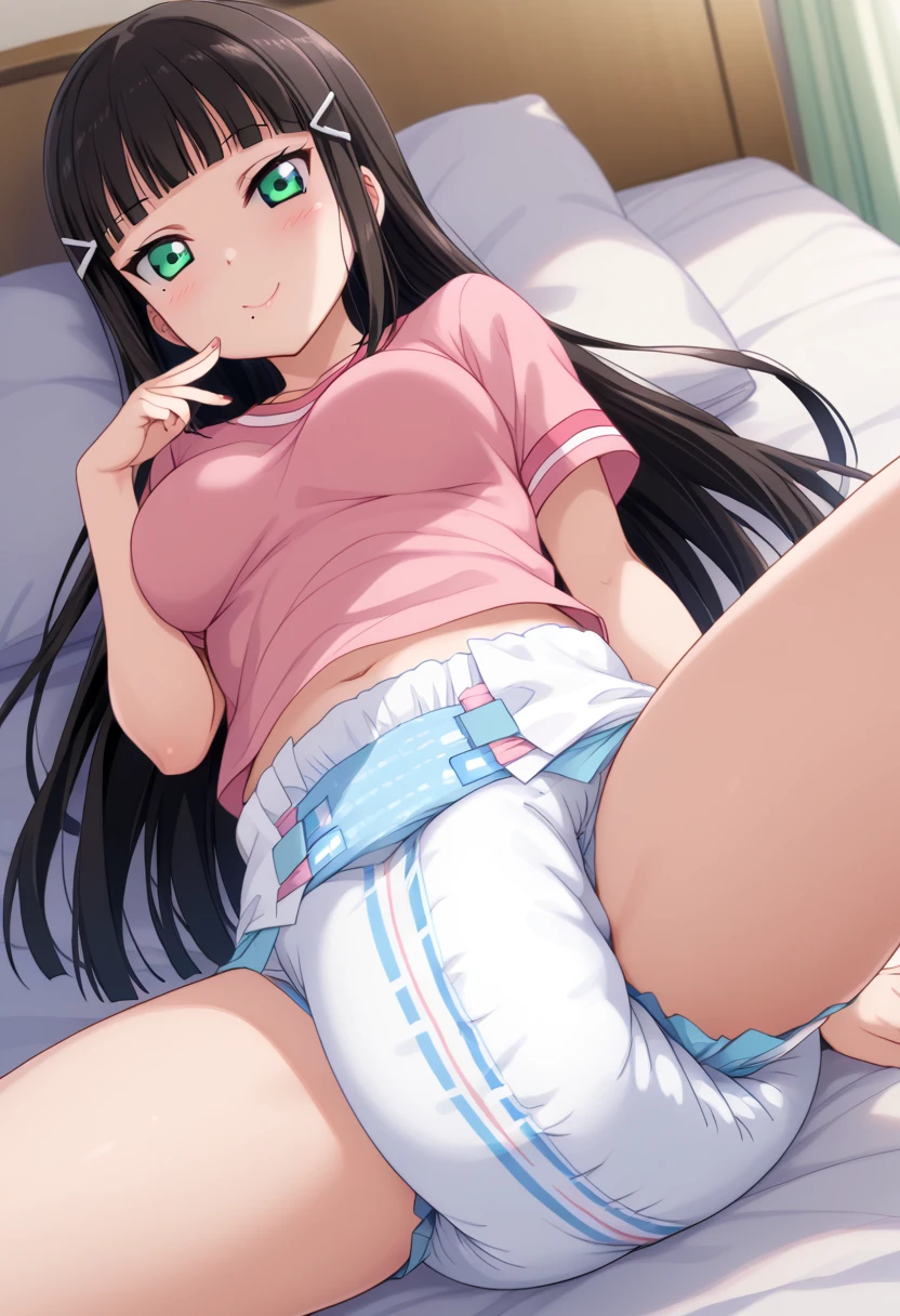 girl's room elementary school girl 8-year-old flat chest black hair long hair eyes are purple ((1 person)) Baggy white T-shirt on the upper body lower body white panties((White panties are visible)) barefoot crawl on all fours on the bed angle from behind turn your butt towards me I can see white panties dynamic angle Low angle from behind
