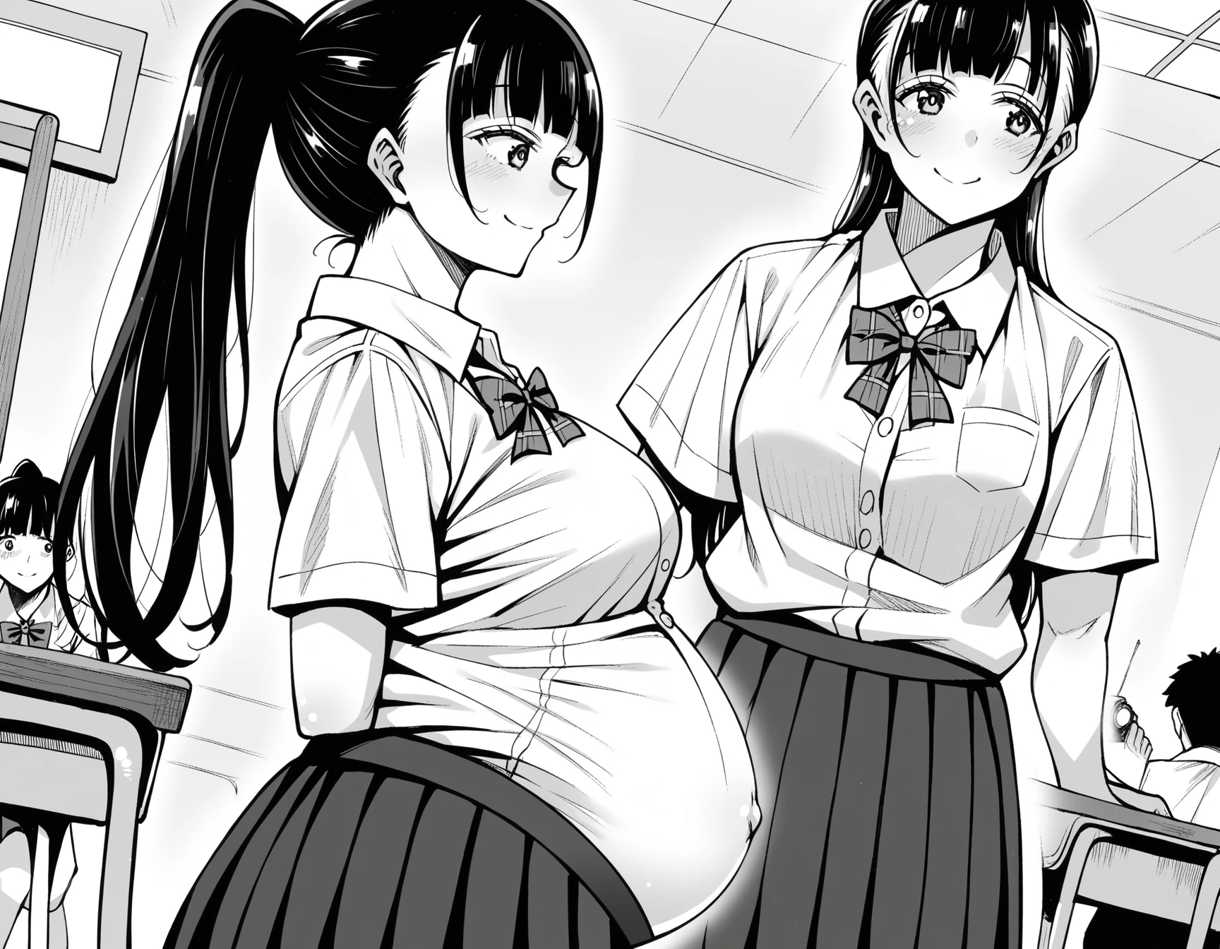 2 girls standing at bus stop,sailor school swimsuit,small bag,18-year-old,bangs,smiles,thighs,knees,short cut hair,ponytail,from below,pregnant,