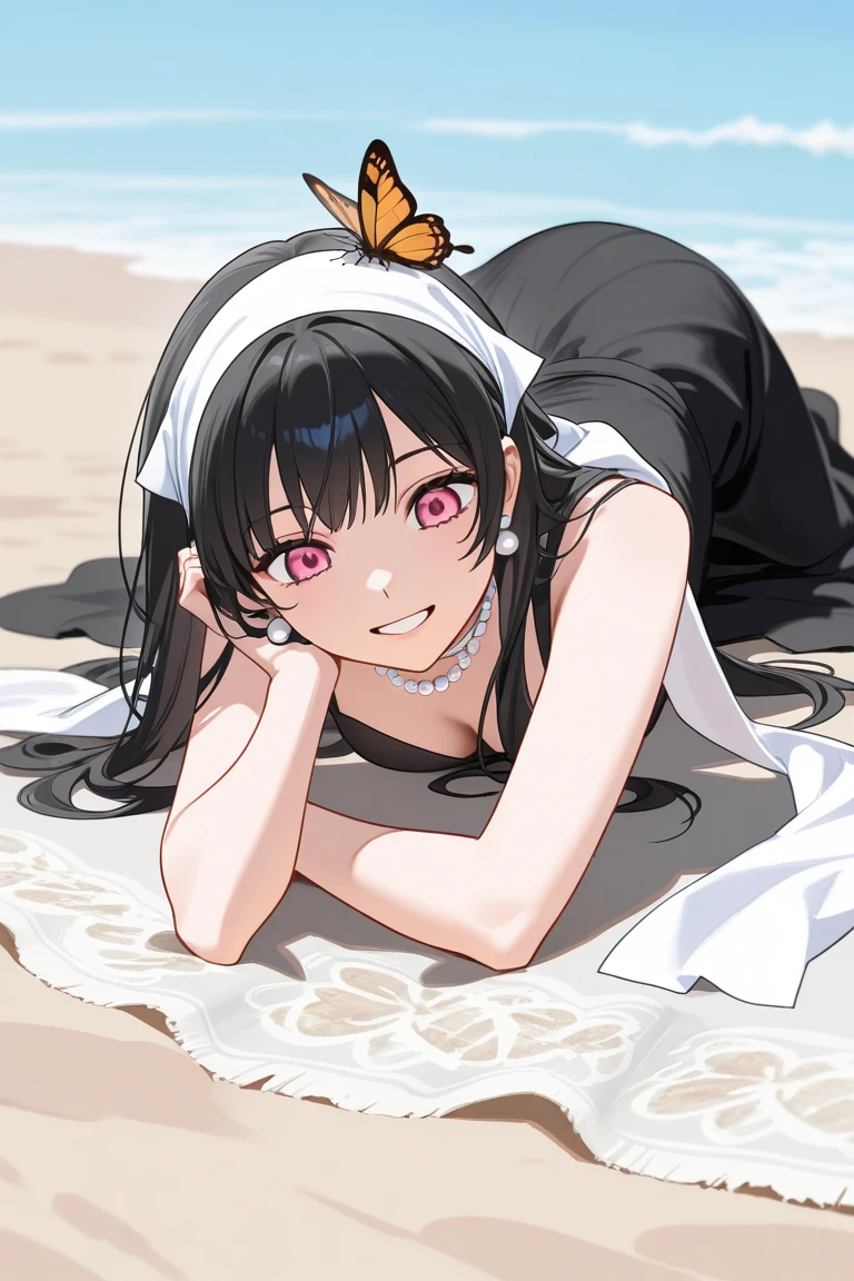 4k, high definition picture, masterpiece, best quality, expressive eyes, perfect face, 1girl, closed mouth, small breasts, looking at viewer, perfect anatomy, black hair, short hair, smile, daytime, body towel wrap, falling leaves, facing camera, pale skin, warm colors, orange leaves, (close up face),
