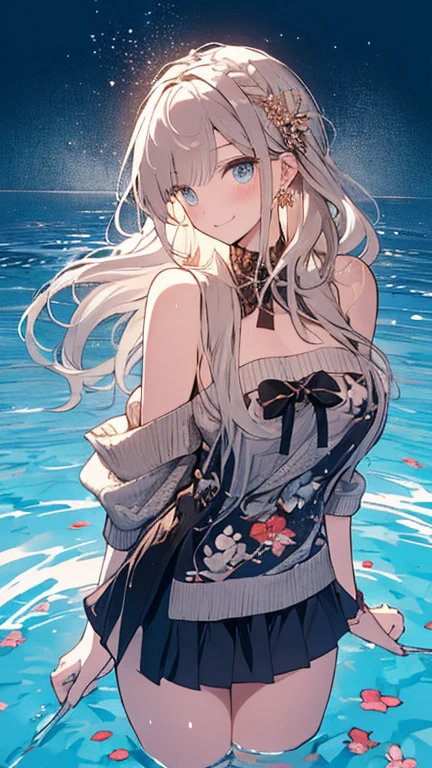 ((Biologically correct limb count))、(( whole body including face))、4K、Masterpiece、((Focus on the face))、((Symmetrical, well-proportioned facial features))、Eyes with delicate depictions、(((1 person)))、Beautiful woman、Outstanding style、Slender Body、(High heels with anklets、Shiny Stockings)、(((shirt、Checked skirt)))、(((White frame photo)))、((Looking up))、Shy、(((Riverside、Stand on the surface of the water)))、(((Close-up photo of the upper body)))、High angle、night、
