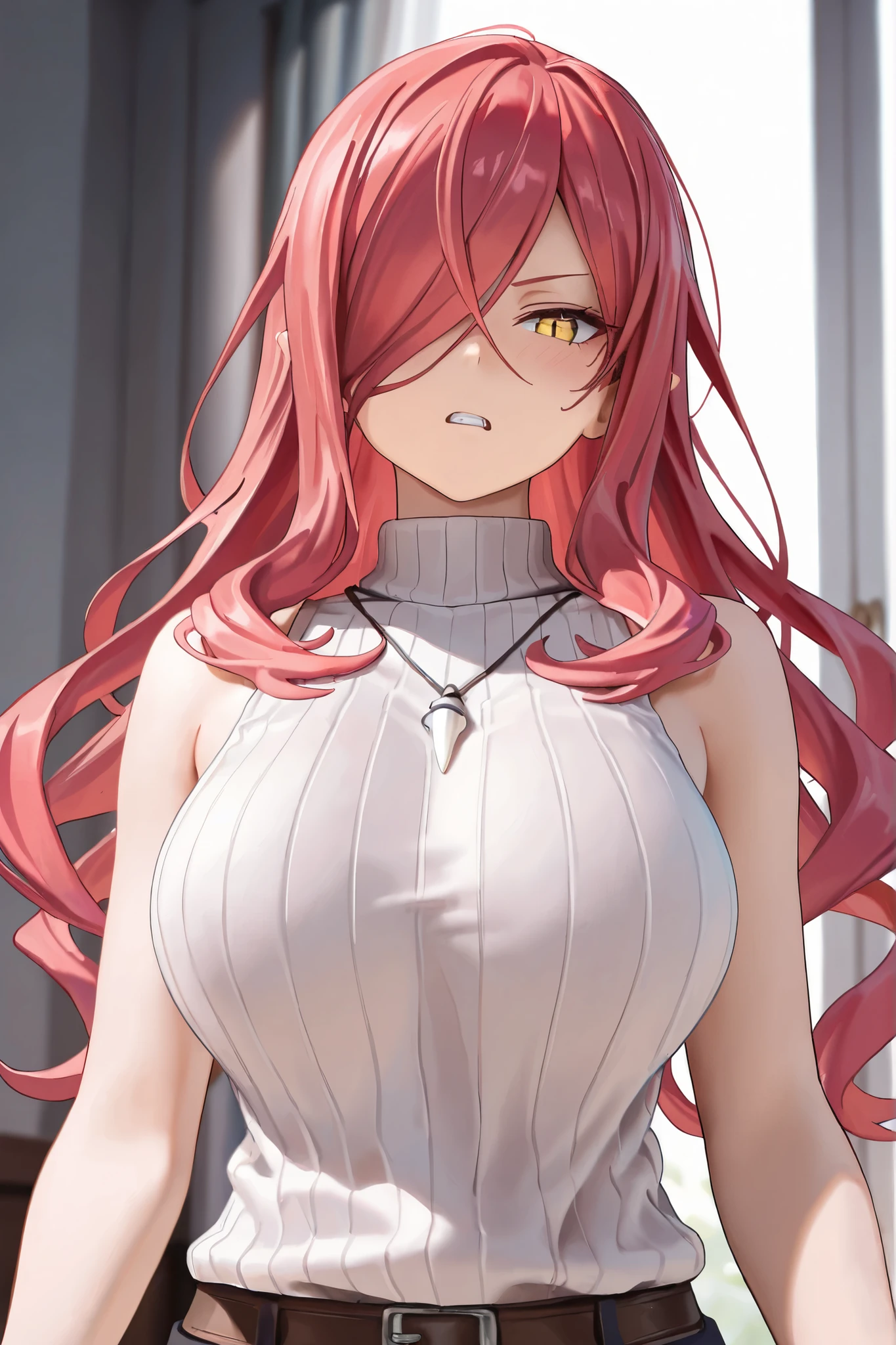 Optimal，masterpiece，High resolution，highest quality，（Upper body），cute face，，pink hair、twin tails、long hair、hair line，（（blue eyes）），long eyelashes，drooping corners of the eyes，white skin，((shoot from the front:1.5)), ((Tight knit off-shoulder sweater:1.5)), ((tight yoga pants)). ((transparent nipples))、((black gloves))、rocket tits, ((big breasts:1.3))