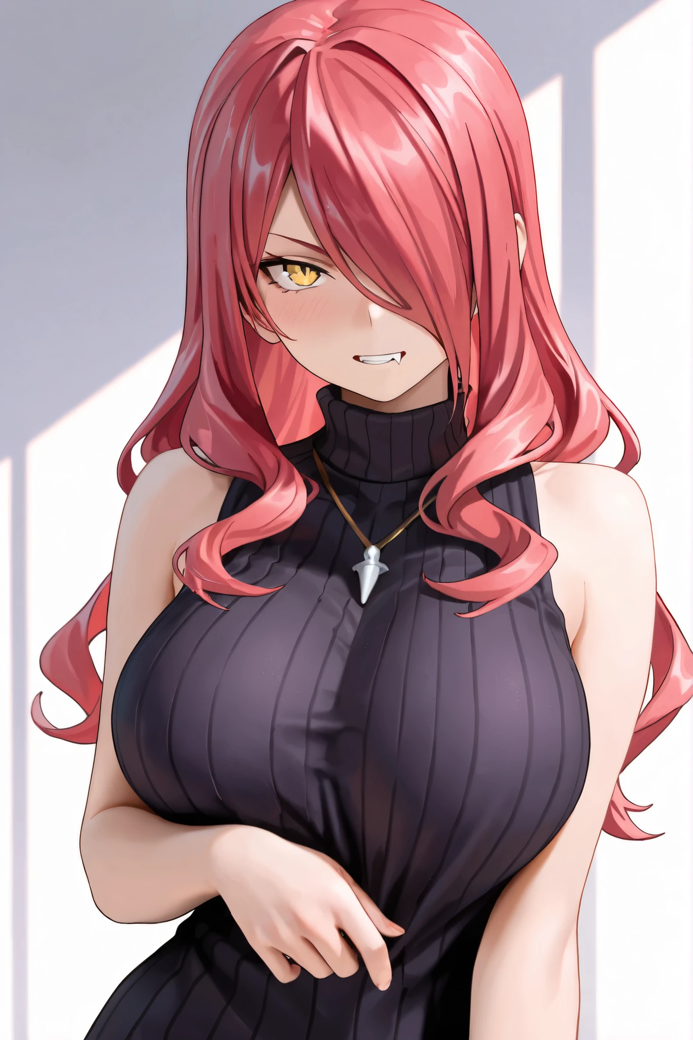long hair, red hair, large breast, simple background,