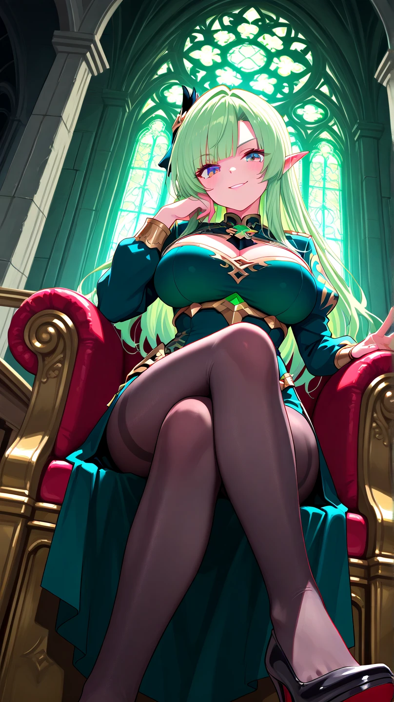 (((I want a black-skinned elf woman with white hair and green eyes, sitting on the throne while holding a sword in her right hand and an expression of anger or resentment on her face)))