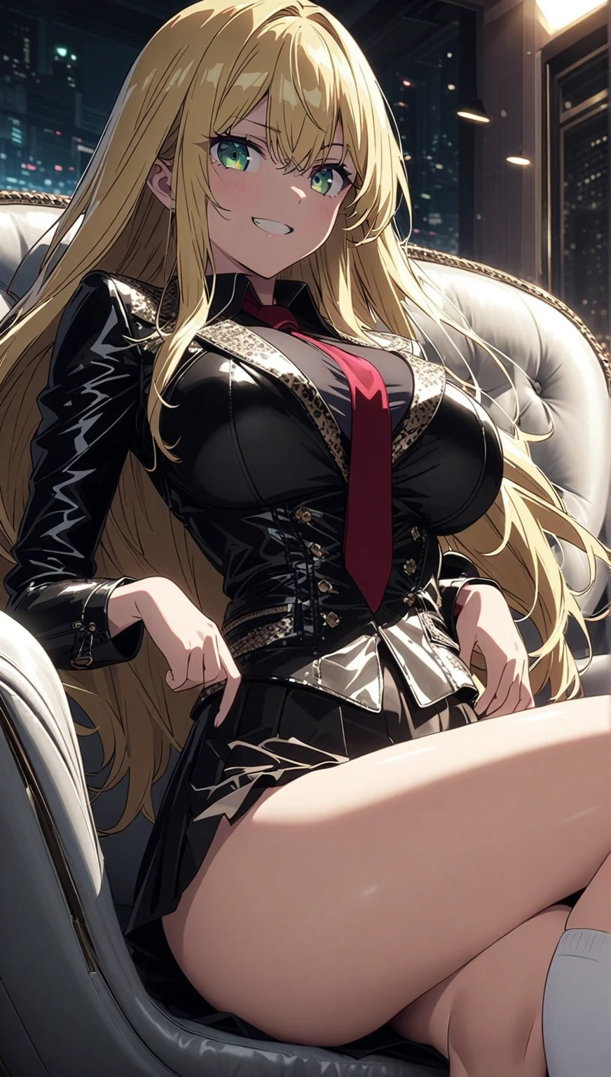 (highest quality:1.2,evil lady,cg, Very detailed, High Detail, digital coloring, High Contrast, masterpiece:1.2,suits, highest quality, Best aesthetics), 8k,masterpiece, cute,tall,beautiful,best quality, 1lady,blonde hair,long hair,wavy hair,empty eyes, (finely detailed glowing eyes and detailed face),,,,extremely detailed cg unity 8k wallpaper,solo,(latex military costume:0.9),large breasts,seductive smile,,latex thighhigh,large breasts,black hair,pink eyes,no jacket,formal shirts,thighhigh,,enamel suits,grossy lips,sitting,tight skirt,sadistic smile,,heel,shiny skin,tight skirt,detailed face,beautiful body,,adult,,show me breasts,sadistic,seductive smile,business suits,latex,no tie,bust shot,open mouth,necklace,office room,from below,burikko pose