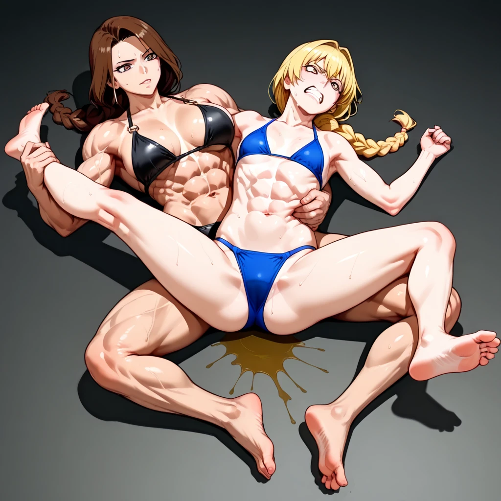 Woman in black bikini and small man in white shirt, weak and small man, thin and small physique, Very beauthful. , ,weak and defenseless man, small physique, , muscular ultraviolent woman, muscular and scary, absurdly huge physique, big muscles, extremely muscular woman, woman stepping on man, small man being stepped on by woman,