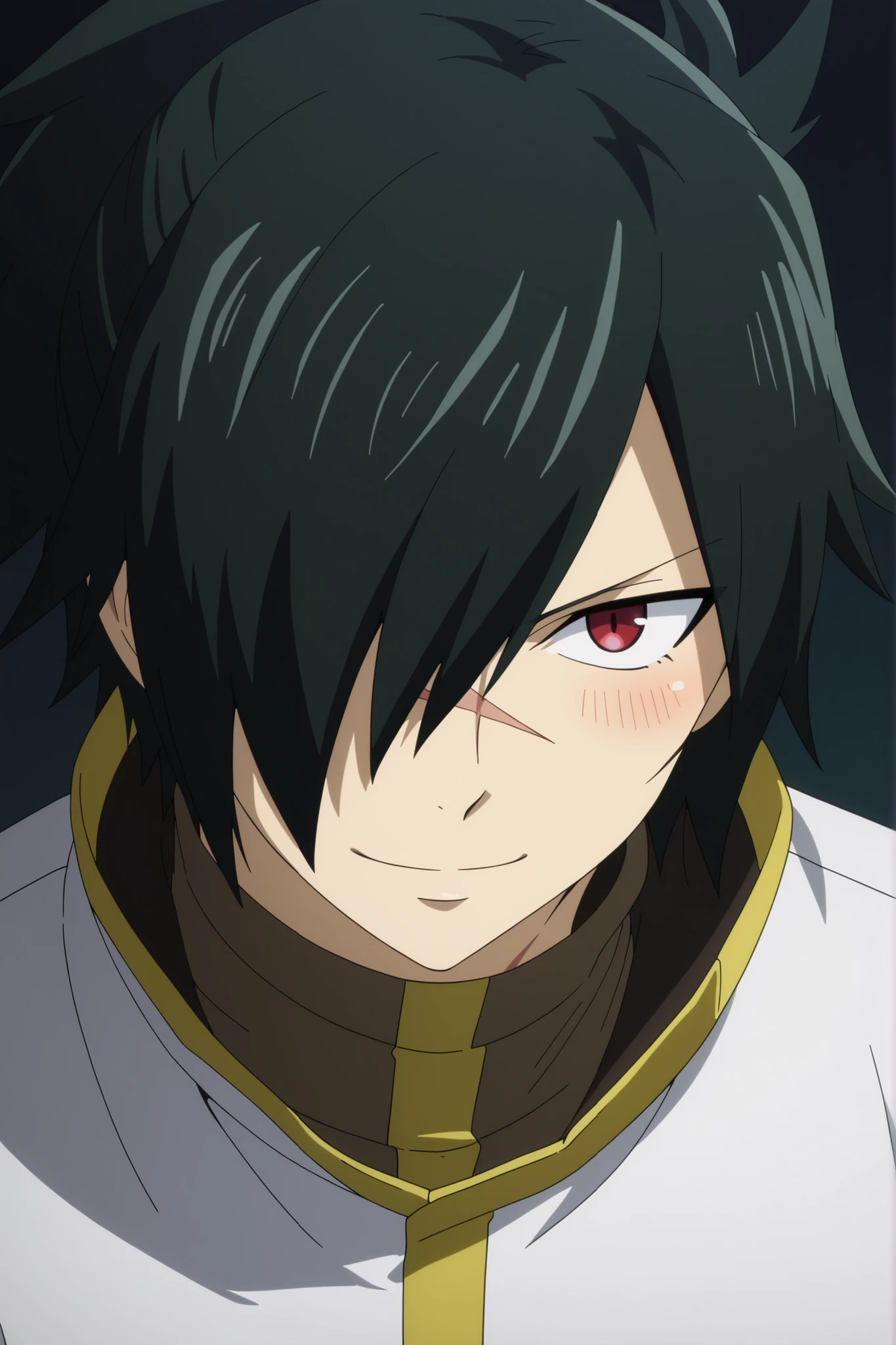rogue_cheney, black hair, red eyes, hair over one eye, scar tattoo close-up, official style, anime screencap, 8K, extremely detailed, 1boy, solo, looking at viewer, black background , shadow , dynamic angle , dynamic action , atmospheric perspective , intricately detailed , depth of field , masterpiece , best quality , amazing quality , very aesthetic , absurdres , newest, ((happy smile, cute, blush, kawaii))