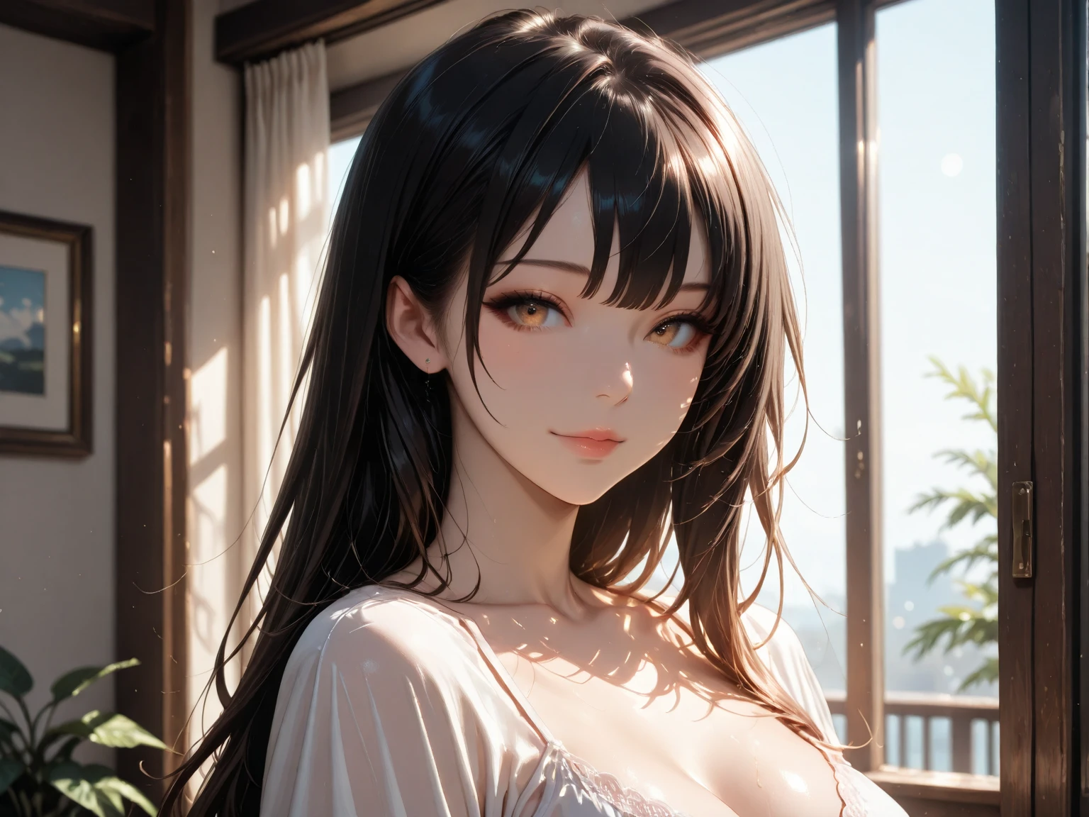 young woman , golden eyes ,smile, color sweater , huge breast ,photo, realistic , (emphasize detailed face:1.2), v-neck, 