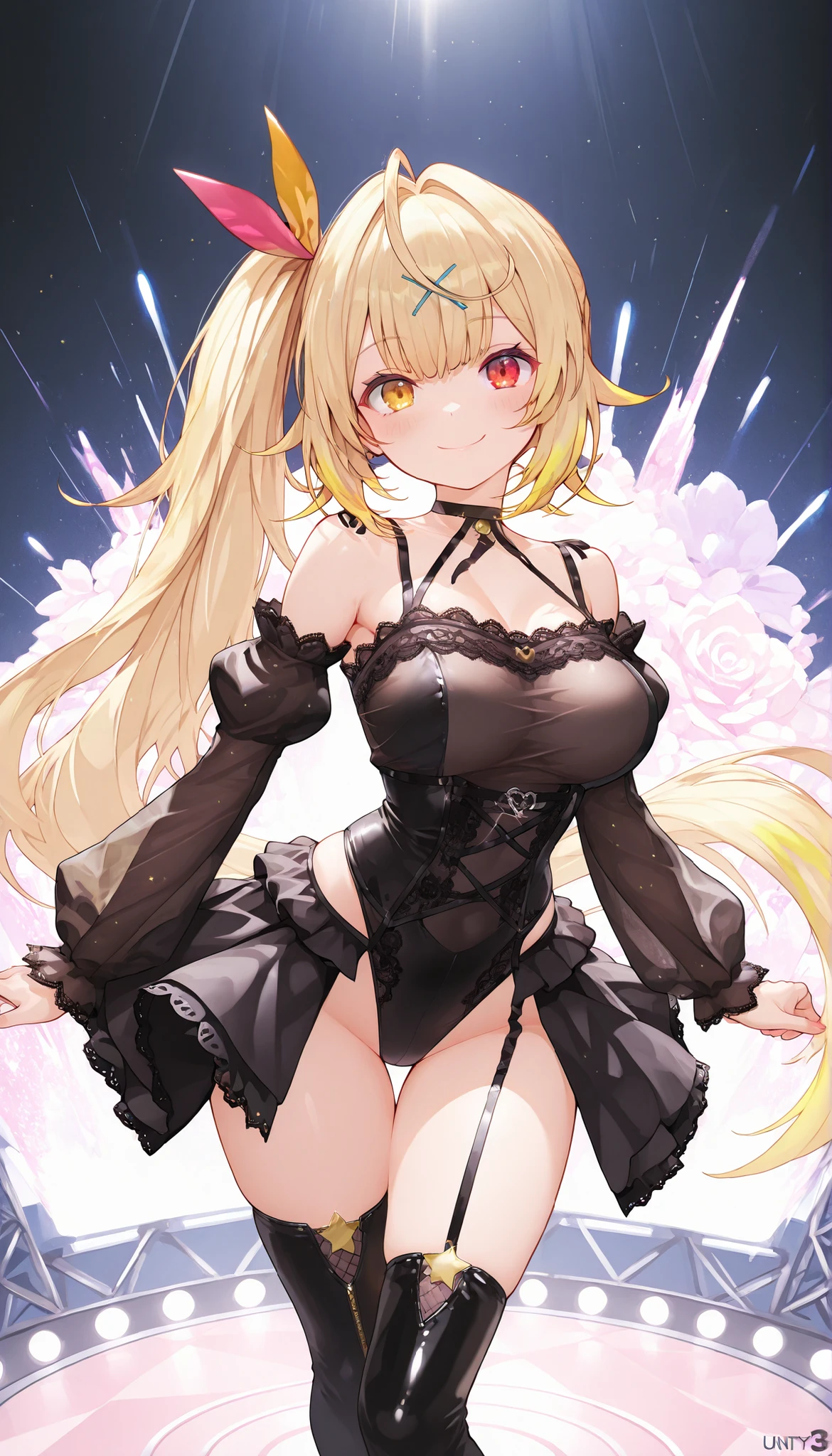 erotic、Lusamine、Blonde、tall、 mature, Married women, Pink and black sparkly sequin dress、Off the shoulder、邪evilな女戦闘員, Pink and black background, Pitch-dark bedroom, Dark Theme, evil, lure, excited, Condescending contempt, Lightly open your mouth、Sexy pose, Upper Body,邪evilな笑み