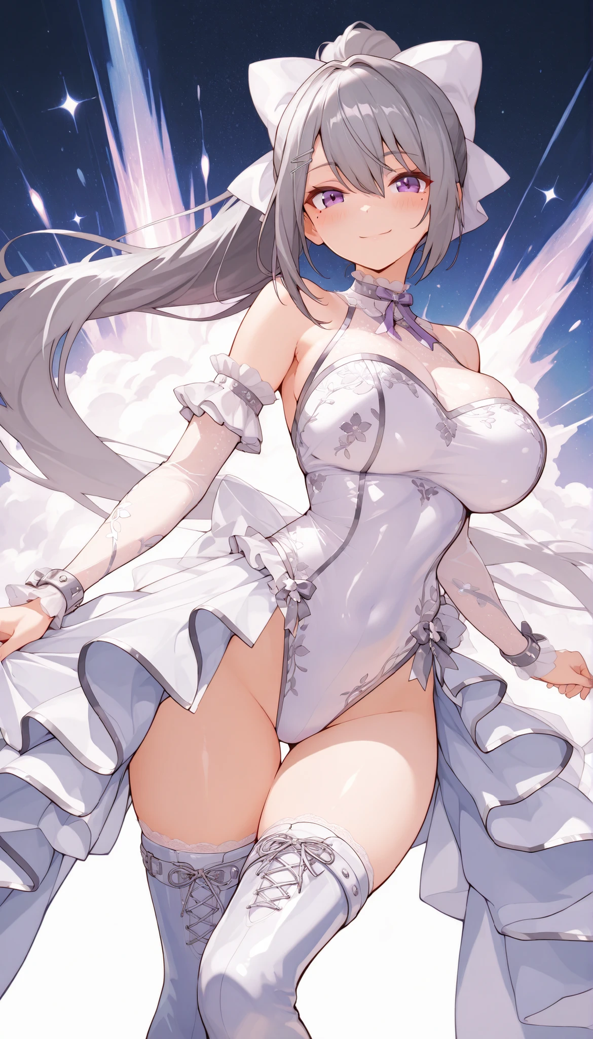 Highest quality, A seductive smile, squat,Spread your legs, Gorgeous wedding dresses,Veil,race,White panties,Blue tights,Big Breasts,Hands behind head