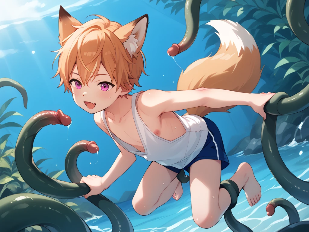 normal body, orange hair, spiky hair, short hair, bangs, blue eyes, cat ears, cat tail, nude, crying, huge black dick on ass, double penetration cum, in the forest, boy tied up, french kiss, boy ripped shirt, boy shaking, rape, cute boy, boy flat chest, boy no abs