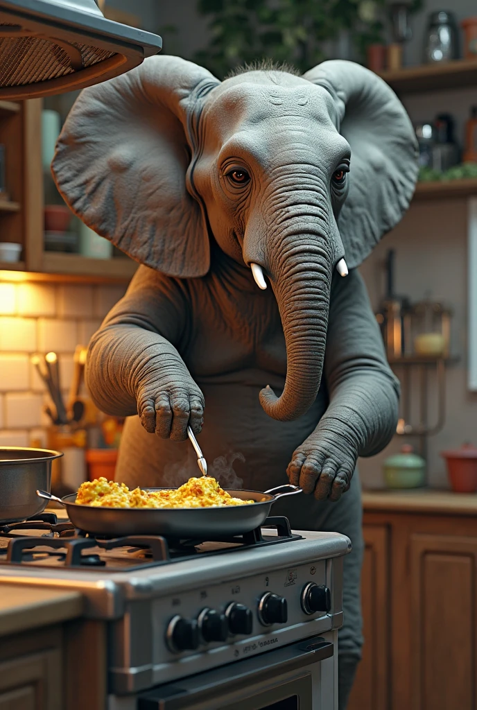 In a luxurious kitchen, an elephant wearing a chef's apron is preparing sophisticated dishes on a giant stove. Kitchen utensils have been adpted to fit their enormous paws. A dining table is set with tiny cutlery for smaller animals, all eager for their meal.