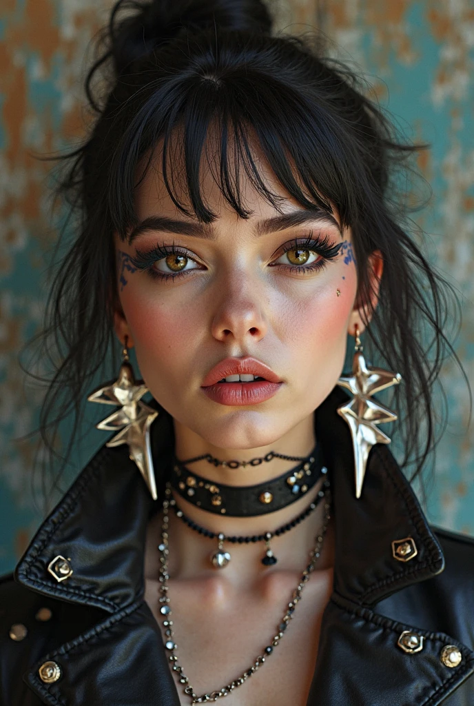 Porcelain doll rockstar wearing leather jacket, bracelets, necklaces, masterpiece, spiral galaxy eyes, squid goddess, tendrils, dark iridescent hair, translucent, subsurface scattering, tiny dewdrops, oil slick rainbows, eyelashes "PxrMarschner", portrait, hyperrealistic, V-Ray, provocative, sensuous, voluptuous, body tattoo, topless, seductive look, tirant la langue