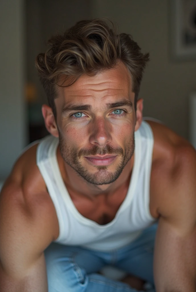 attractive man of 34 years, assis sur son lit ,in her room, ultra-precise skin details, mesurant environ 1m80, yeux bleus, with an athletic figure. Son visage est marqué par une mâchoire carrée et un très léger sourire qui illumine ses yeux bleus . Sleeveless white undershirt and jeans blend natural light and artificial lighting,slightly tanned skin,expression confiante et décontractée, white tank top , bedroom background ,4k,photorealistic,studio lighting,ultra-fine painting,professionalportrait,vivid colors,bokeh