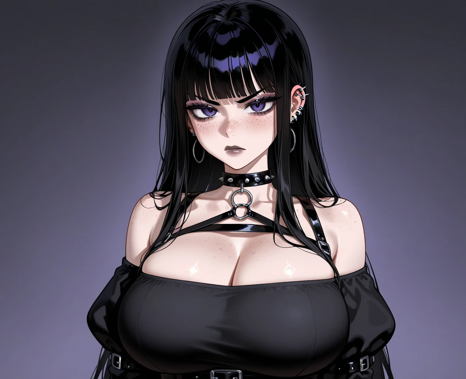 1woman, long curly black hair, purple eyes, pale skin, black lipstick, big breast, black choker, black off-shoulder shirt, serious face, solo, best quality, masterpiece, portrait, simple background, looking at the camera, from the front, detailed, perfect anatomy, detailed art, high definition, 4k, high resolution