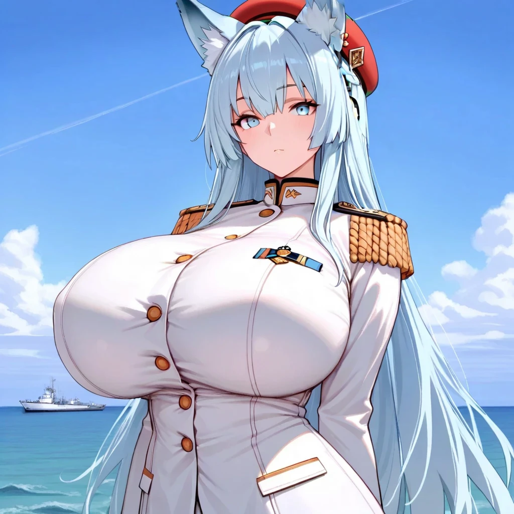 Anime girl, White fox ears, (One) White long fox tail, enormous boobs(bigger), white long hair, curvy, on a battleship deck, navel captain uniform, navel captain pants, purple eyes,