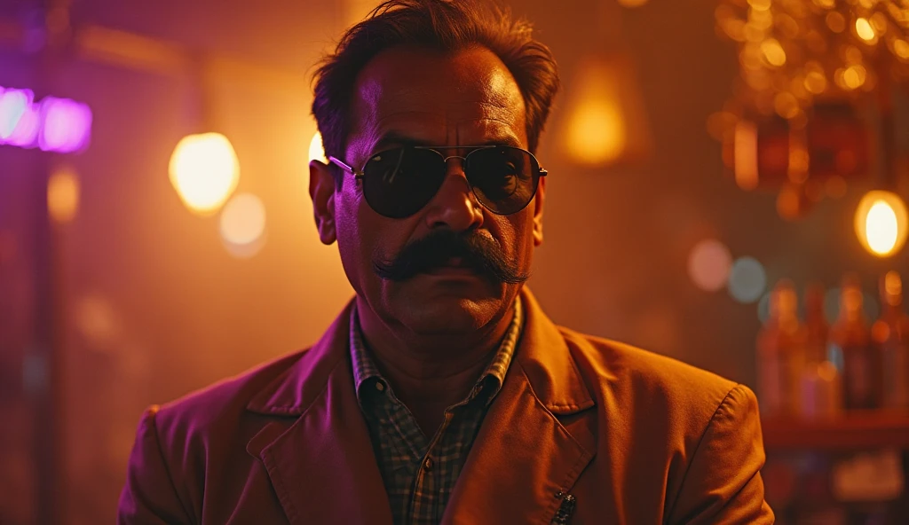 35mmNeon photo of a old fat policeman with glasses, dressed in uniform, in a blue-orange lit room, fluorescent lights, interior, nighttime, chiaroscuro, contrejour, rim light, high contrast, detailed skin, close up shot,