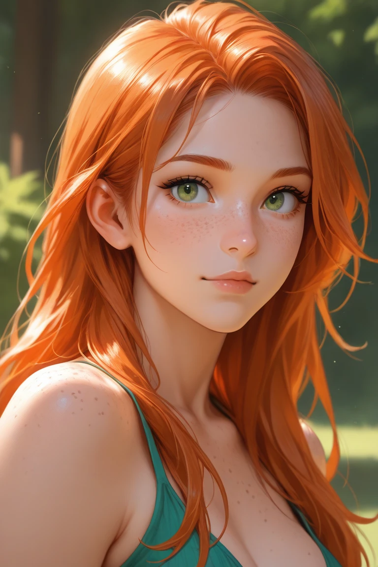 best qualtiy， tmasterpiece， Red hair， A girl， exteriors， The upper part of the body， Realistis， Floating hair， Detailed face，springtime，Green trees，Sunshine --auto