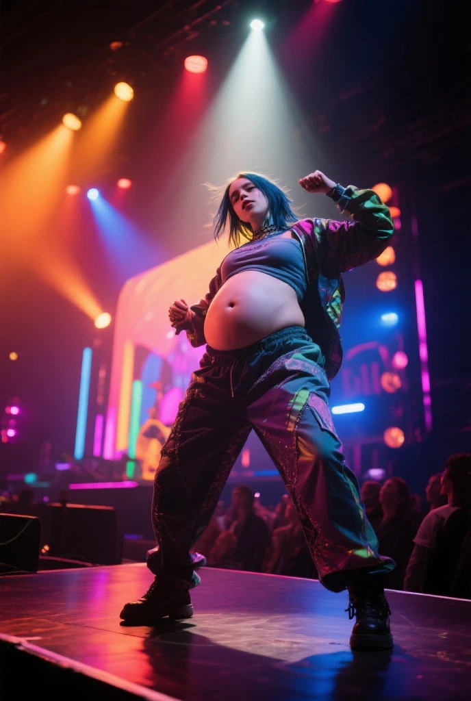 (highest quality,8k,masterpiece:1.3,),(超A high resolution,Realistic:1.4,RAW Photos),(Very detailed,Ultra-Dense Muscle,Caustics),(Singing Japanese idol), (Live Stageでダンス),(Skirt tearing),1 girl,,Pregnant women、last month of pregnancy、cute,Laughing with your mouth open,Japanese,Black-haired,ponytail,Wearing only a virgin-killing sweater、Nude Model、Large Breasts,(Live Stage),grabbing a microphone,Looking at the camera,Focus on the thighs,(Camera position is low:1.1),(Low Angle:1.1),(vision:1,3),SpotLight,Light