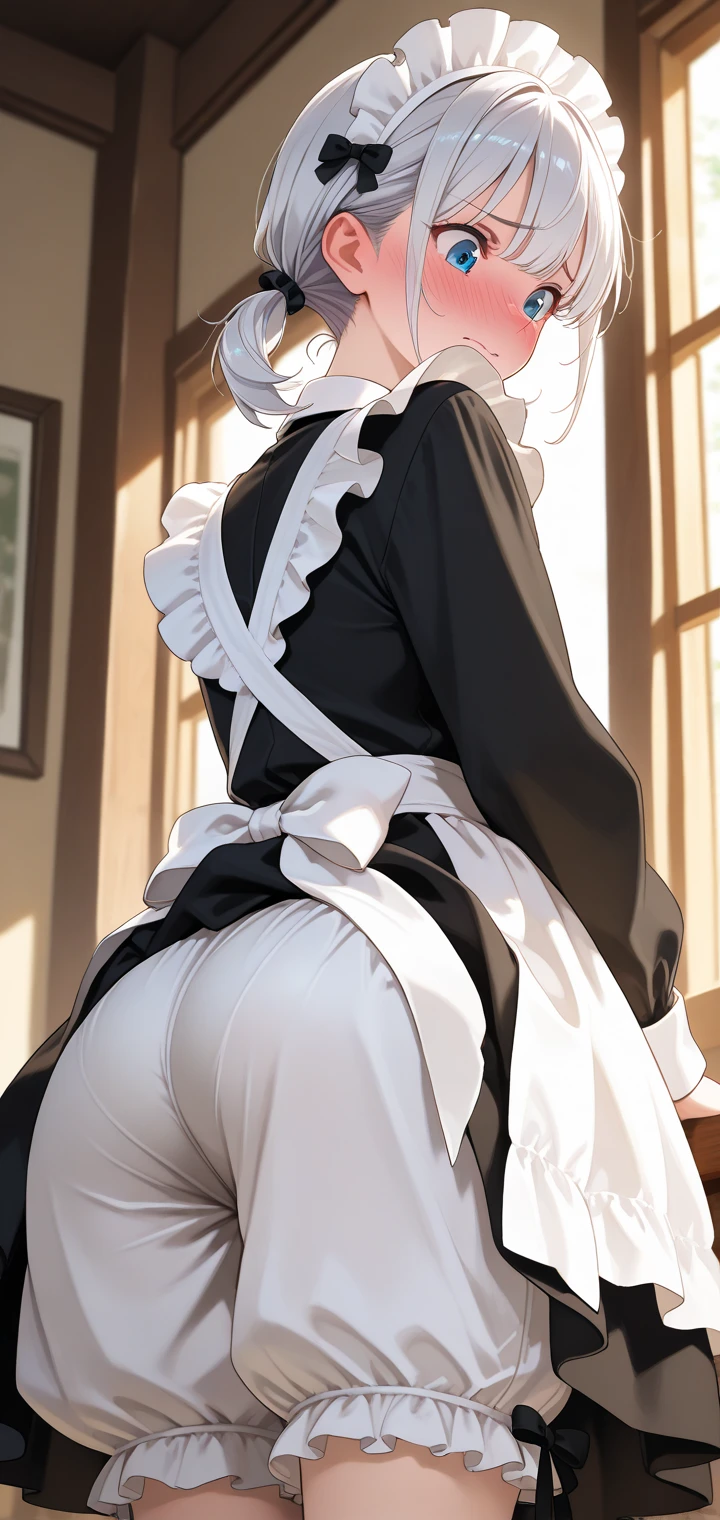 masterpiece, best quality, ultra detailed, 1girl, dark skin, twin tails, thighhighs, ,maid clothes ,show sexy panties, open legs, leaning forward, ,looking_through_legs, looking back, from behind,