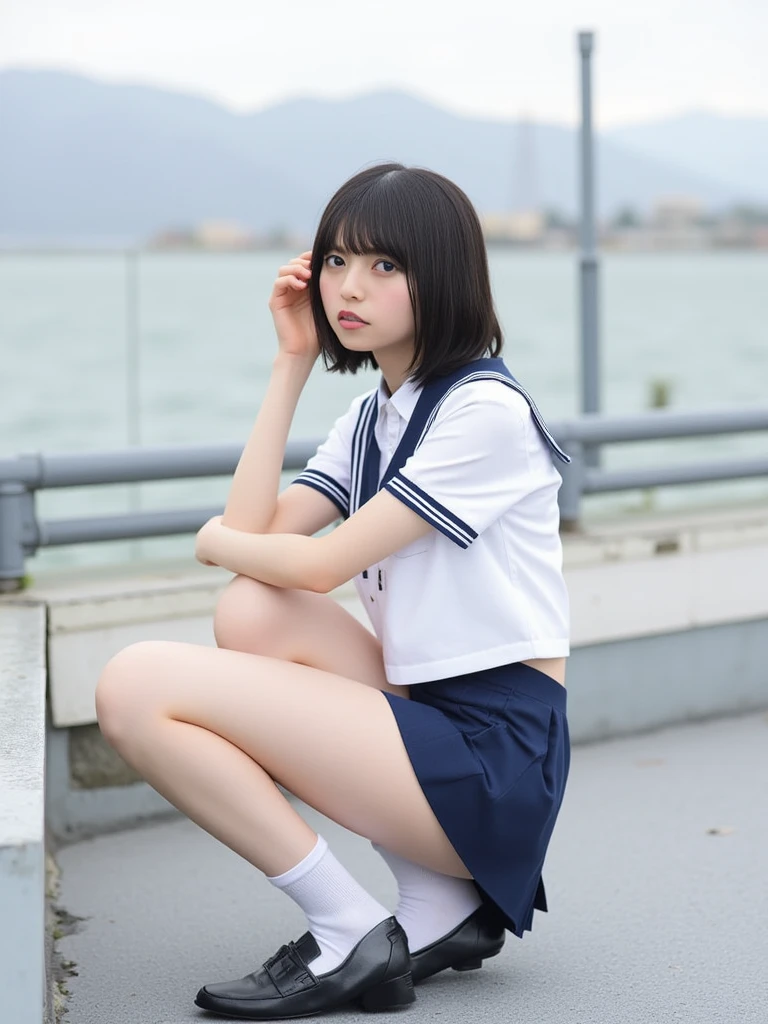 Best quality,raw photo , 19 years old Japanese female idol, from below , POV from below, dynamic angle,leaning forward, Squatting, school uniform , kneehighs , undies ,Short hair, bowl cut ,cute face ,edgy,droop ,wet , on the beach, rain,