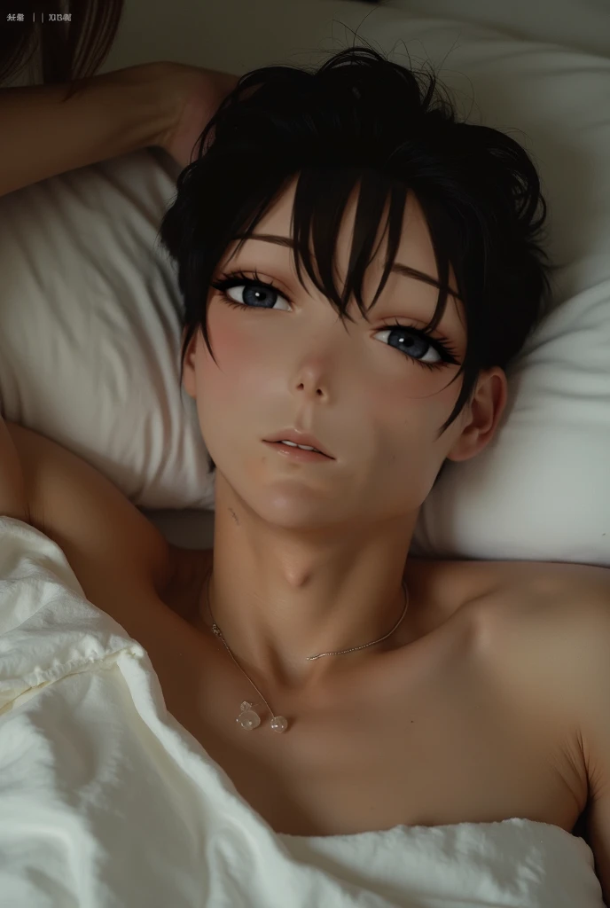 14-year-old boy, Upper body naked, White briefs ,Smooth Skin, Lie down on the futon, Black Hair, Eye-level shot, Thin、Beautiful Boy
