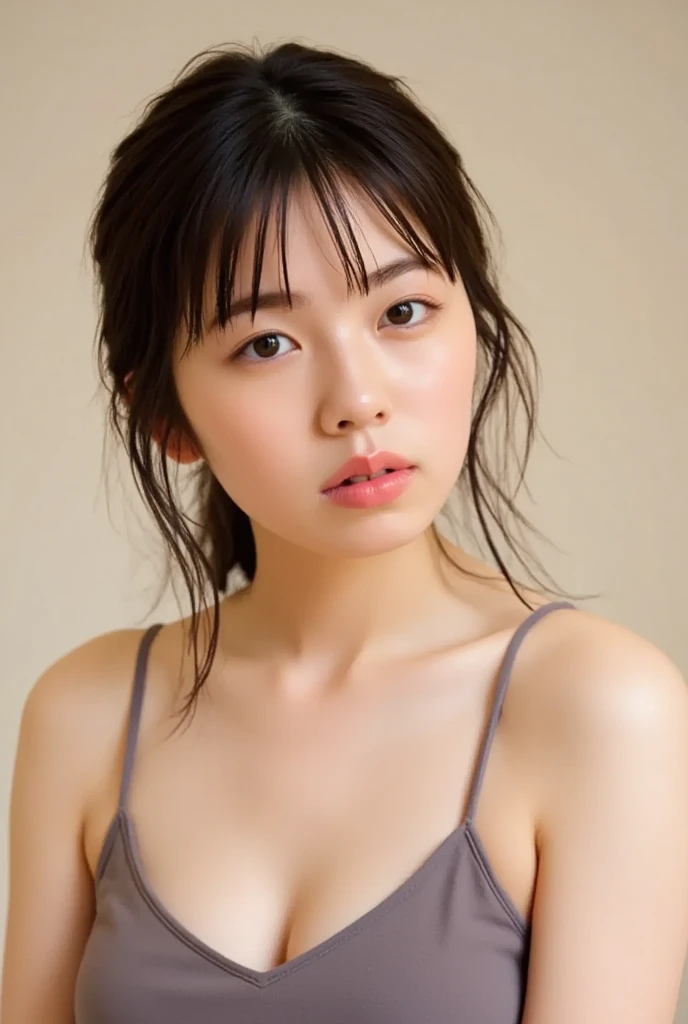 Dreamy atmosphere, High Contrast, Ultra Sharp, Studio shot、Upper body portrait、Angle from below、(navy school swimsuit :1.2), (small ), Focus on the chest、Slim Body Enhancement、Realistic、Realistic、Highly detailed cute girl、alone、18-year-old、Japanese、Melancholic expression, Brown Hair、Medium long cut hair, resort beach for background、Out of focus、Blur、