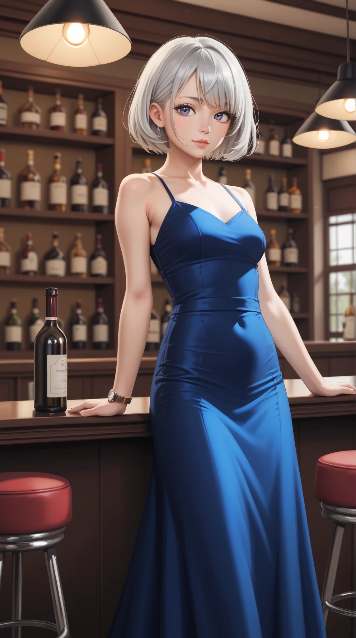 "Gabrielle Dupont, a 28-year-old hostess in a royal blue silk backless dress with a side slit, highlighting her slender yet curvaceous figure and narrow waist. Her gentle blush complements her soft smile and warm expression, accentuated by minimal makeup and deep green eyes. Light blonde hair styled with an elegant hairpin, and her neck adorned with a diamond necklace, with matching diamond earrings glistening under the bar's soft lights. Holding a champagne flute, reflecting the bar's ambient light. Captured in the Garden of Venus setting. Camera: EE 135mm lens, medium shot, with soft studio lighting and HDR, high resolution (8K)."