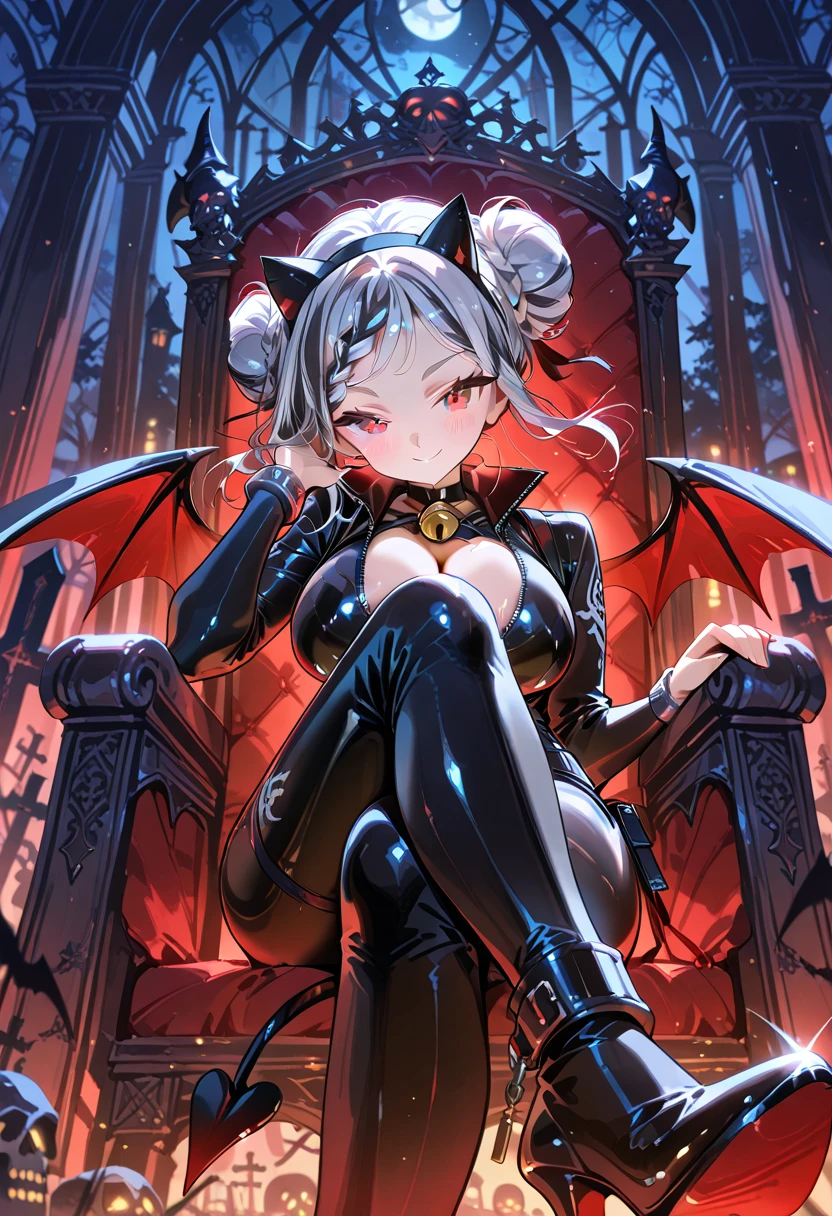 (Photorealistic:1.8, highest quality:1.8,8K masterpiece:1.8,High resolution,Mastepiece:1.8,RAW Photos,Cinematic lighting)、cave where dragon lives、A girl dressed as a Goth Girl、(Twin tails、Silver Hair)、Magenta slanted eyes、tooth、Thick eyebrows、Black nails、Sexy uniform showing the underside of the chest)、(((Underlim and long legs、Black Micro Mini Dress、Bare shoulders、((Lots of earrings))、Long black fingerless gloves、Goth Girl、(Fishnet tights、Gothic print:1.25、High heels、black leather garter belt、(Multiple leather straps、Iron chains attached to a ring:1.125)、((Devil's Wings and Devil's Tail))、Random Sexy Poses、cameltoe、(Beautiful Face、Beautiful Eyes、A rich expression、A fearless smile)