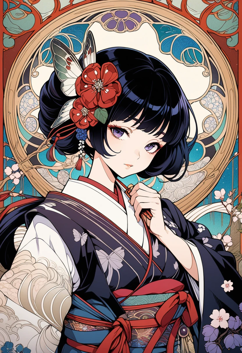 full body shot, a masterpiece of erotic art, a Japanese geisha in a beautiful dark blue brocade kimono with patterns in the form of sakura inflorescences sits in a traditional sitting position, a cutout on the chest reveals a beautiful decal, a beautiful traditional hairstyle on her head with a beautiful carved hairpin is detailed on her head, in detail the eyes are bright green, the face is in detail a beautiful oval shape with neat facial features, the mood is a slight smile, the eyes laugh, in her hands. The geisha is a Japanese plucked instrument she plays on it, the lighting is subdued, Japanese lanterns are burning, high detail details of the photo, clear focus, 32k, photorealism style, photorealistic --auto --s2