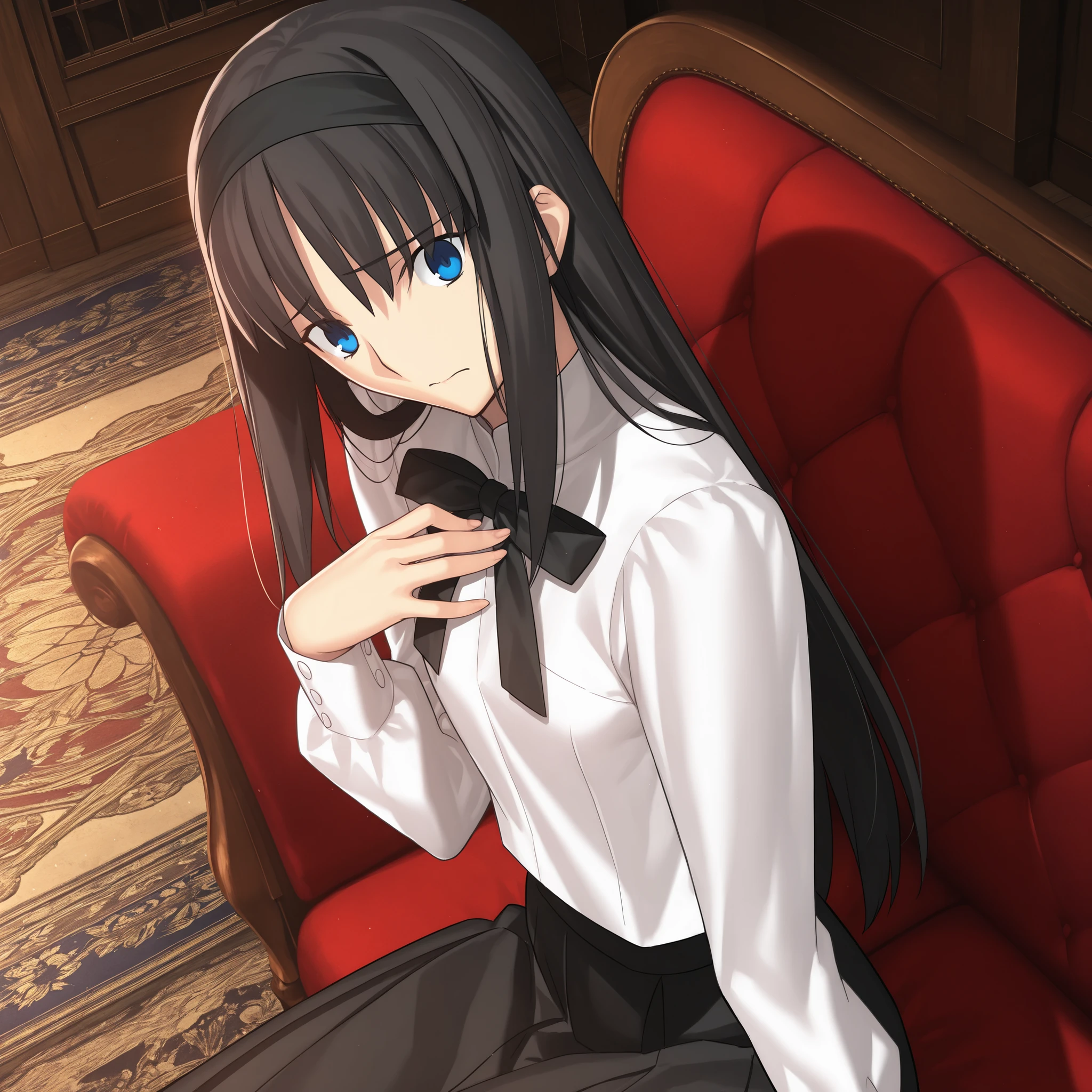 masterpiece, , absurdres, highres, detailed background, high resolution, masterpiece, necessary, detail, best quality, quality, necessary, details, High details, Precise, indoors, medieval interior, gothic, from side, from above, close up,
1girl, , Takeuchi Takashi (type-moon,tsukihime) style, takeuchi takashi style, (aged up:1.5), sitting, ((head tilt)), hand on chest, worried,
tall girl, mature, Akiha_Tohno, (tsukihime), black hair, bangs, long hair, blue eyes, wide eyed, ,black headband, straight hair, tsurime, ,,
(white shirt, black long skirt), black ribbon, (small breasts, flat chest), , looking at viewer, ,