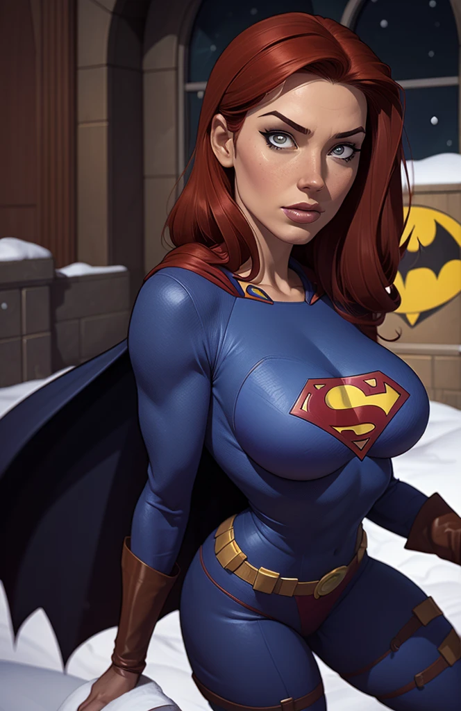 (((Poison Ivy))), (((Superman))), High quality, best quality, masterpiece, (1boy1 1girl), (hetero:1.5), mature woman, curves, long wavy redhead hair, green eyes. cleavage. (((woman wearing slingshot bikini))), woman on top, sfw