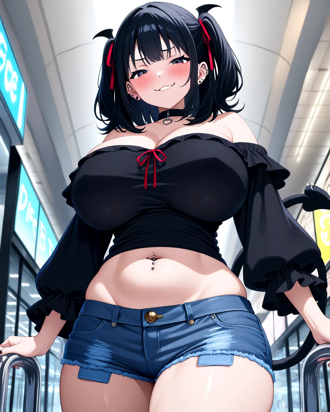 Big Breasts, Pink long sleeve shirt showing belly, Glossy T-shirt   　Long hair that reveals her breasts　Brown Hair　Twin tails　Black mini skirt　Please wear a black mask over your mouth.　plump belly, night, Dark Skin, Comfortable face, Red cheeks　Busy Street　Black platform boots, Black latex knee-high socks, Nipples and areola visible through clothing, Angle that reflects the whole body, Black hair tie, hold a smartphone in her left hand, Small backpack, Focus on smartphone, Many people々, shiny belly　Choker on neck