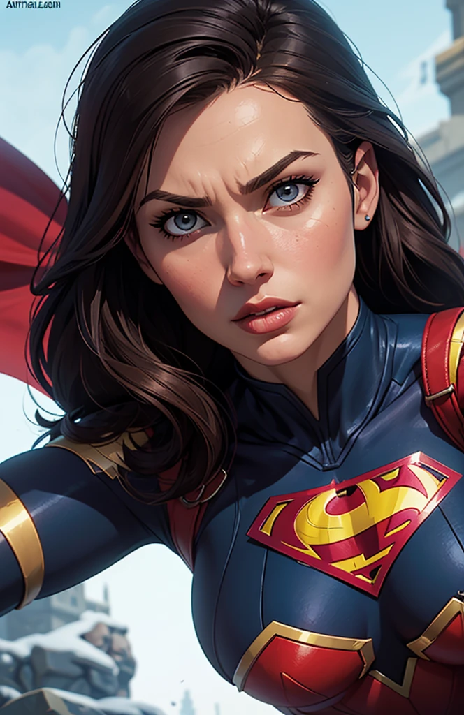 Young man, long brown hair, Cyan eyes, brawn, superman style costume, ssmile, flying through a city, Masterpiece, hiquality