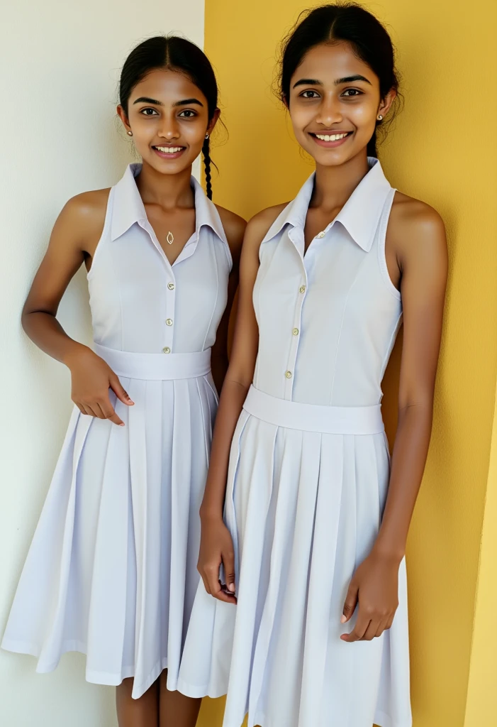Realistic,A 12-year-old Sinhala beautiful Sri Lankan cute girl wore a A white school short dress, Tie, beautiful face, beautiful, black long hair, smile, full body, back side and front, legs are visible