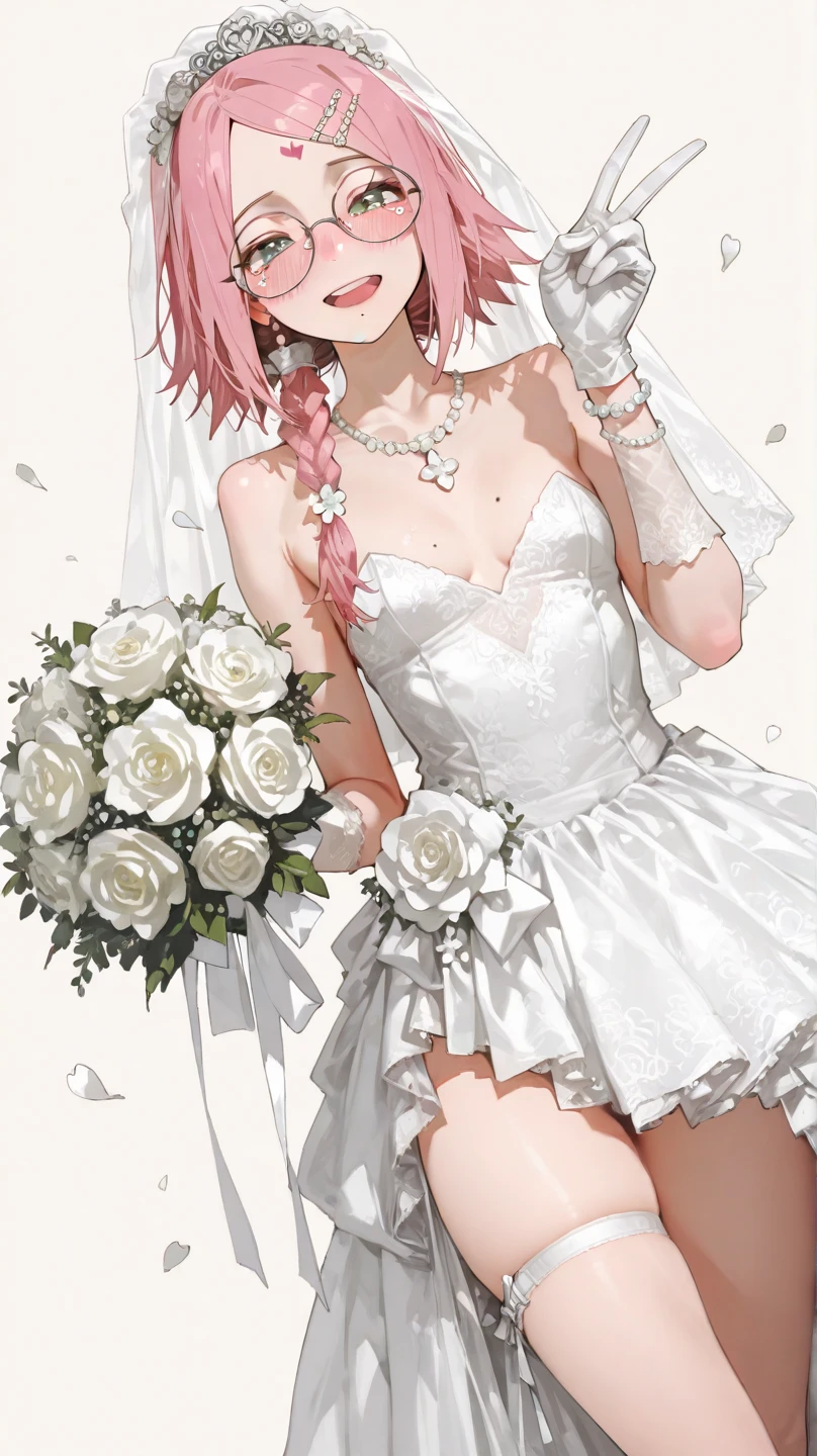 masterpiece, best quality, highres, aura,Two horns,wedding dress, white dress, garden, holding bouquet, confetti,Shoulder Bare、midriff peek、bare legs、very Long veil、(She showed off her white panties:1.5)、Open your mouth、smile、((Glowing Skin))、cameltoe、