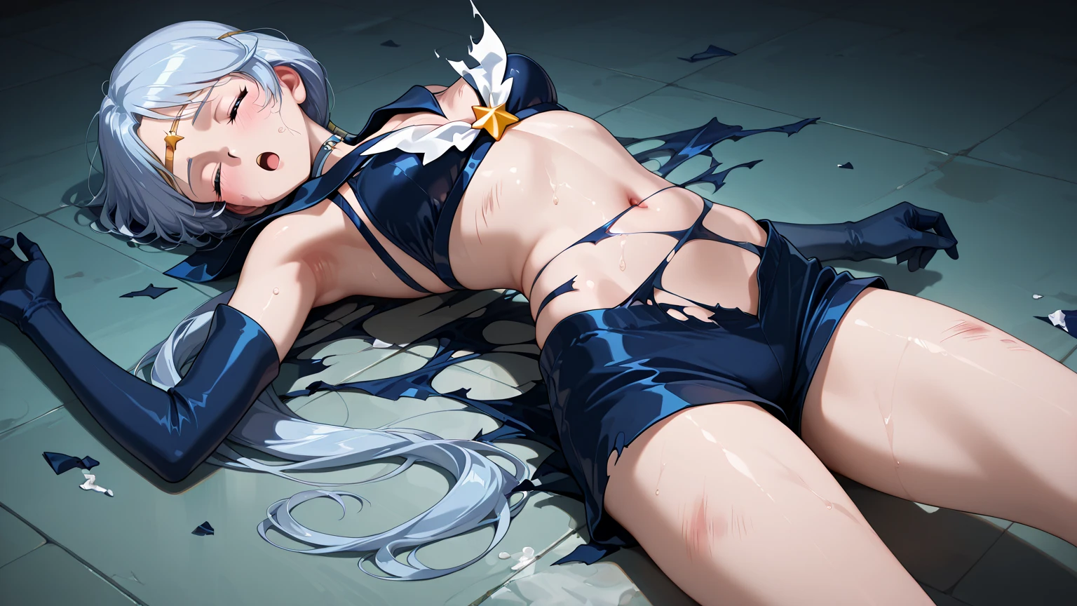 Silver hair, long hair, (((Jeanne d'Arc Alter))) Big breasts, navy blue bikini, lying under a parasol at the beach in summer