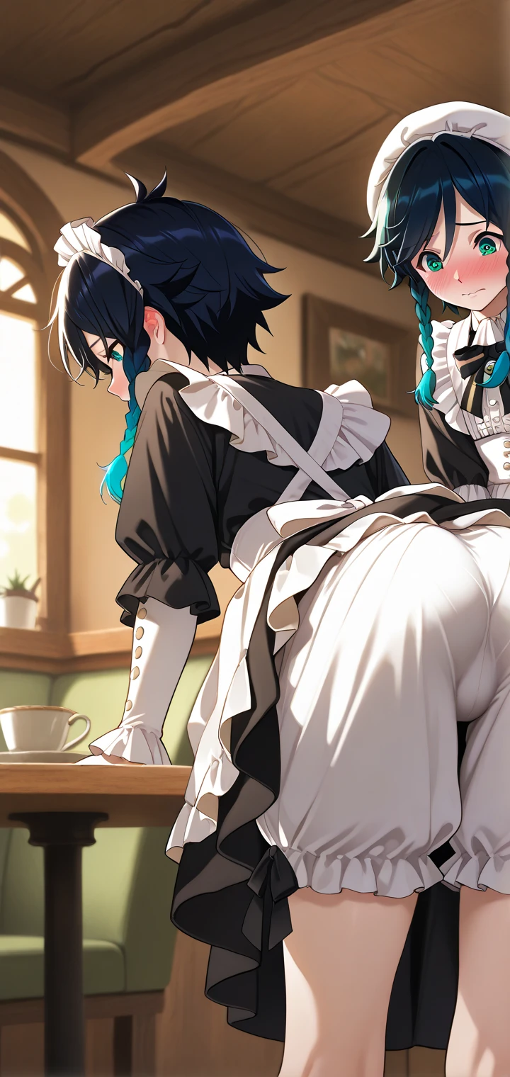 One Woman、beautiful girl、maid、20-year-old、ponytail、Western-style building、maidの、Calm expression、Droopy eyes、柔らかなsmile、Maternal expression、Baby Face、頭にmaidカチューシャ、panties under pantyhose、Short skirt、Black Pantyhose、Ultra-high definition image quality、Highest quality, smile,Big Breasts、Very large breasts、Wipe the floor with a rag、Clean the floor with a hand towel.、Squint your eyes and smile、Crouching to clean the floor、Floor mopping on all fours、Turn your butt towards the viewer、Back pose、Big Ass、back、Facing the floor