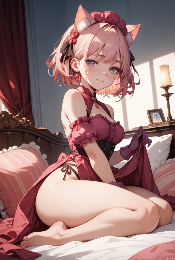 ((8k, Highest quality, masterpiece: 1.3)),Ultra-high resolution,(1 girl, alone), (Color changing eyes, Ultra-detailed, Expressive brilliance, Glitter, Glowing Eyes), Highly detailed eyes, Highly detailed face, Random Hair, ((pastel colour)),A sultry young woman with pastel pink hair styled into a loose updo, lying on her bed in her softly lit bedroom during the late evening. She is dressed in a provocative lingerie set, wearing a lace bralette, matching panties, and a garter belt with thigh-high stockings. The camera captures her from a slightly elevated angle as she rests on her side, her gaze direct and inviting, with a soft smile on her lips. The room is dimly lit by candles placed around the room, creating a warm and intimate atmosphere with silk sheets draped over the bed and soft pillows scattered around.(nsfw)