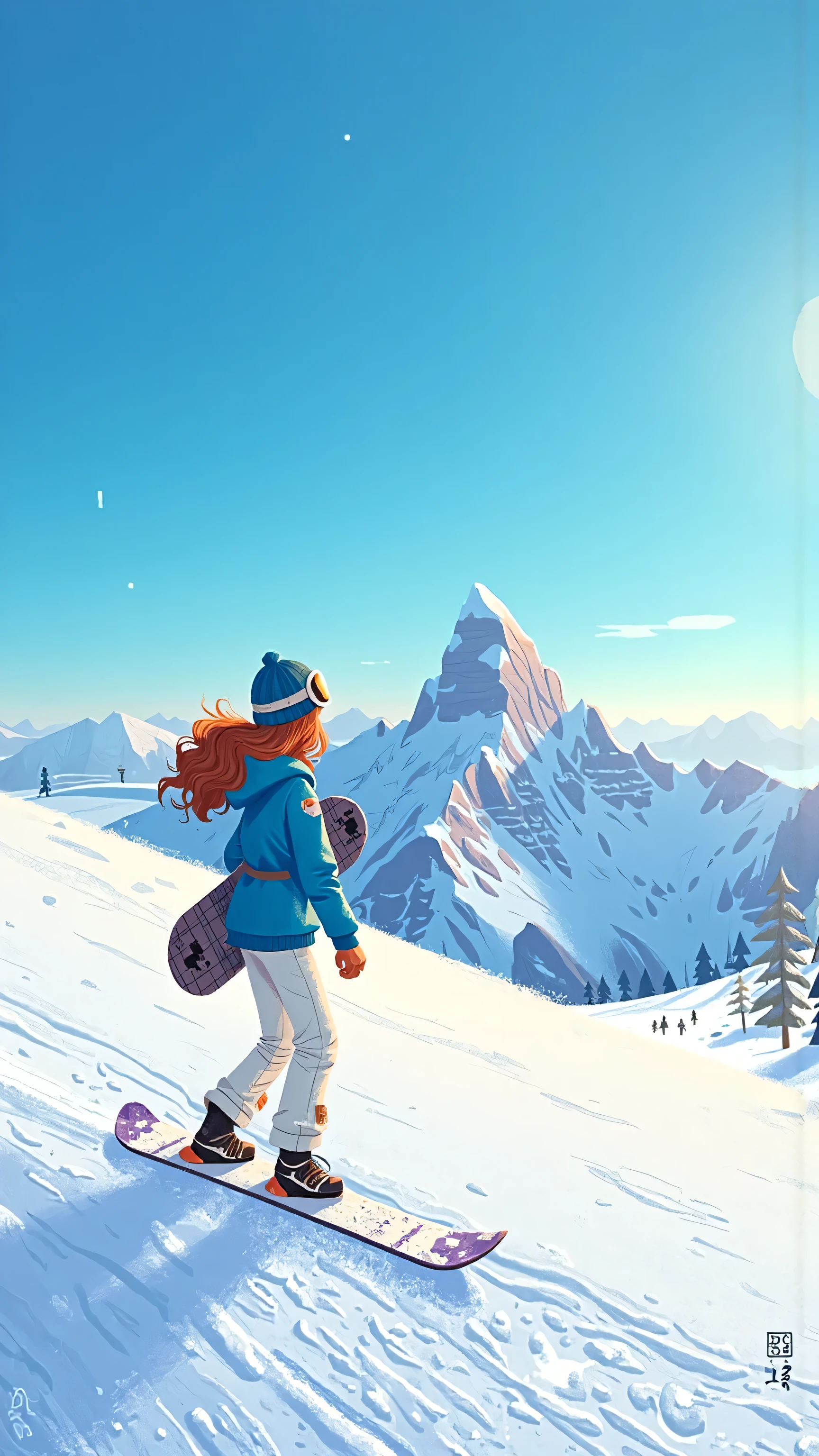 panoramic,A single snowboarder walking on a pristine alpine snowy slope under a clear blue sky,Mountain,holding skate board。wide-angle lens showing endless white snow and peaceful Yuanshan Peak。Female skier(Stylish and elegant,long wavy brown hair slides out of the rim)wearing white snow pants、blue ski jacket、blue knit hat and goggles,left a clear snow mark on the back。sunny and bright,casts a vivid shadow,high contrast,cinematic winter sports scene,Full of a sense of adventure。Adding faint snow particles flying with the wind and deep blue sky,illustration,Aletai Jiangjun Mountain。