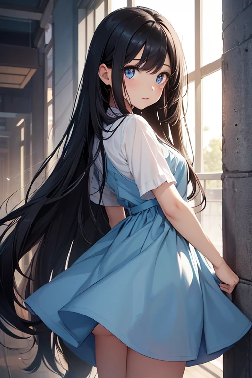 shy，Cat-eared lady，Flat-chested loli，blue colors，Be red in the face