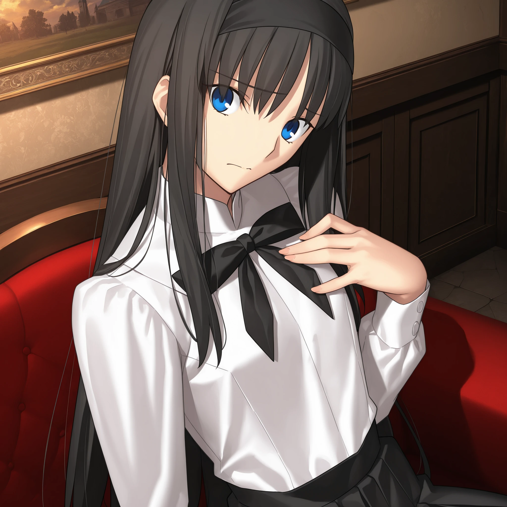 masterpiece, , absurdres, highres, detailed background, high resolution, masterpiece, necessary, detail, best quality, quality, necessary, details, High details, Precise, indoors, medieval interior, gothic, from side, from above, close up,
1girl, , Takeuchi Takashi (type-moon,tsukihime) style, takeuchi takashi style, (aged up:1.5), sitting, ((head tilt)), hand on chest, worried,
tall girl, mature, Akiha_Tohno, (tsukihime), black hair, bangs, long hair, blue eyes, wide eyed, ,black headband, straight hair, tsurime, ,,
(white shirt, black long skirt), black ribbon, (small breasts, flat chest), , looking at viewer, ,