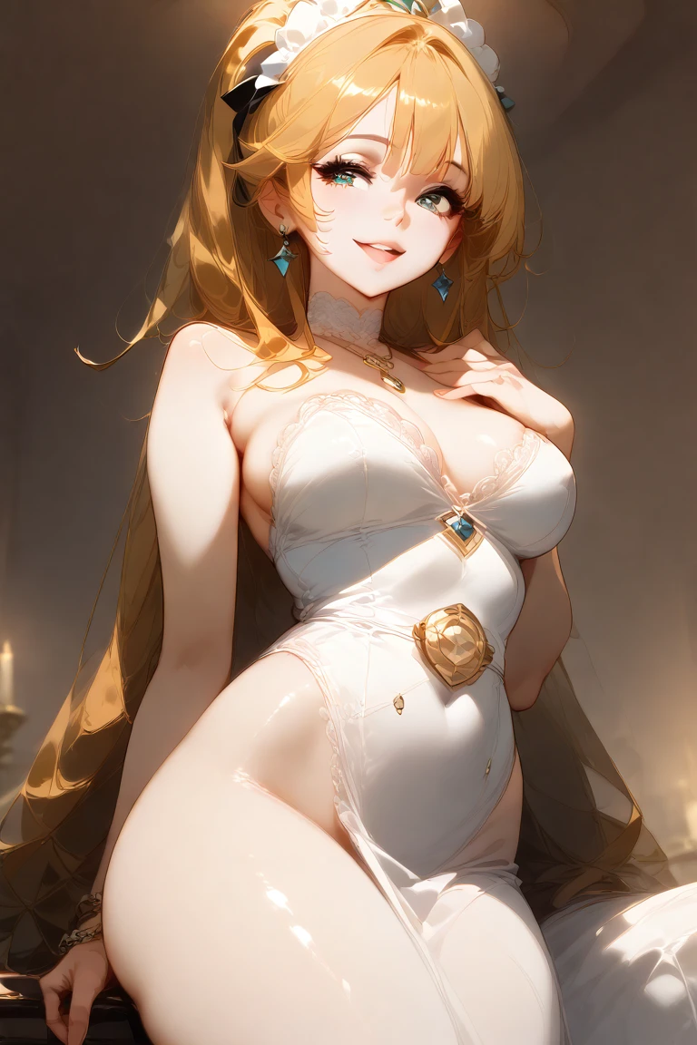 Blonde、Beautiful young woman、Twin tails、Yellow ribbon hair accessory、Sheer clothing、Exposed skin、Transparent panties、Thong、Butt、belly button、Side show、Shoulder Bare、Attractive cleavage、Magical girl、Wet body