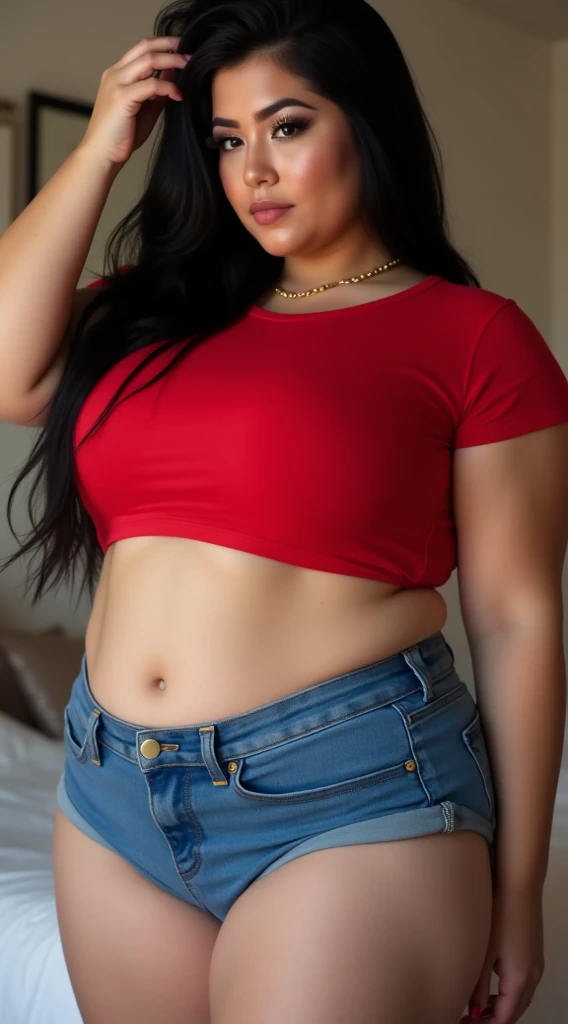 RAW photo, 40 year old Indonesian woman, fat, wearing a loose red striped t-shirt, short jeans, happy smile, outdoors, morning sun.