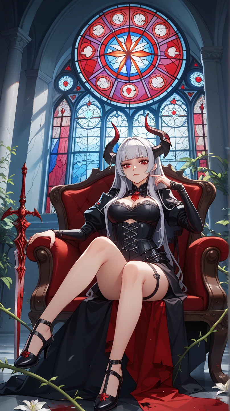 ((1 female))、Silver Hair、Red eyes、((Two blue horns))、((Black Bondage Fashion))、sit on the throne、(hell)、Female Yama Demon King、black、Angry、looking at the camera、
