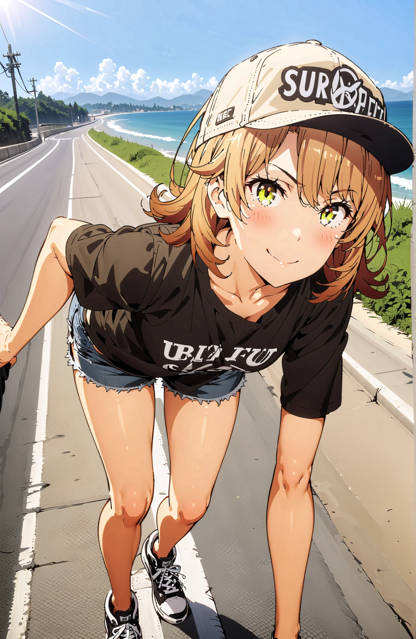 Iroha Isshiki,half up do,short hair,oversized t-shirt,denim micro shorts,Bare legs,sneakers,Baseball hats,standing,bending forward,peace sign,smile,blush,grinning,Beautiful Scenery,noon,summer,,in their 40s outdoors,Coastal Road,strand,
in their 40s looking at viewer,full body,
in their 40s (masterpiece:1.2), best quality, high resolution, Unity 8Kの壁紙, ( 's art :0.8), (beautiful detailed eyes:1.6), very detailed face, perfect lighting, Highly Detailed CG, (perfect hand in h, Completed),