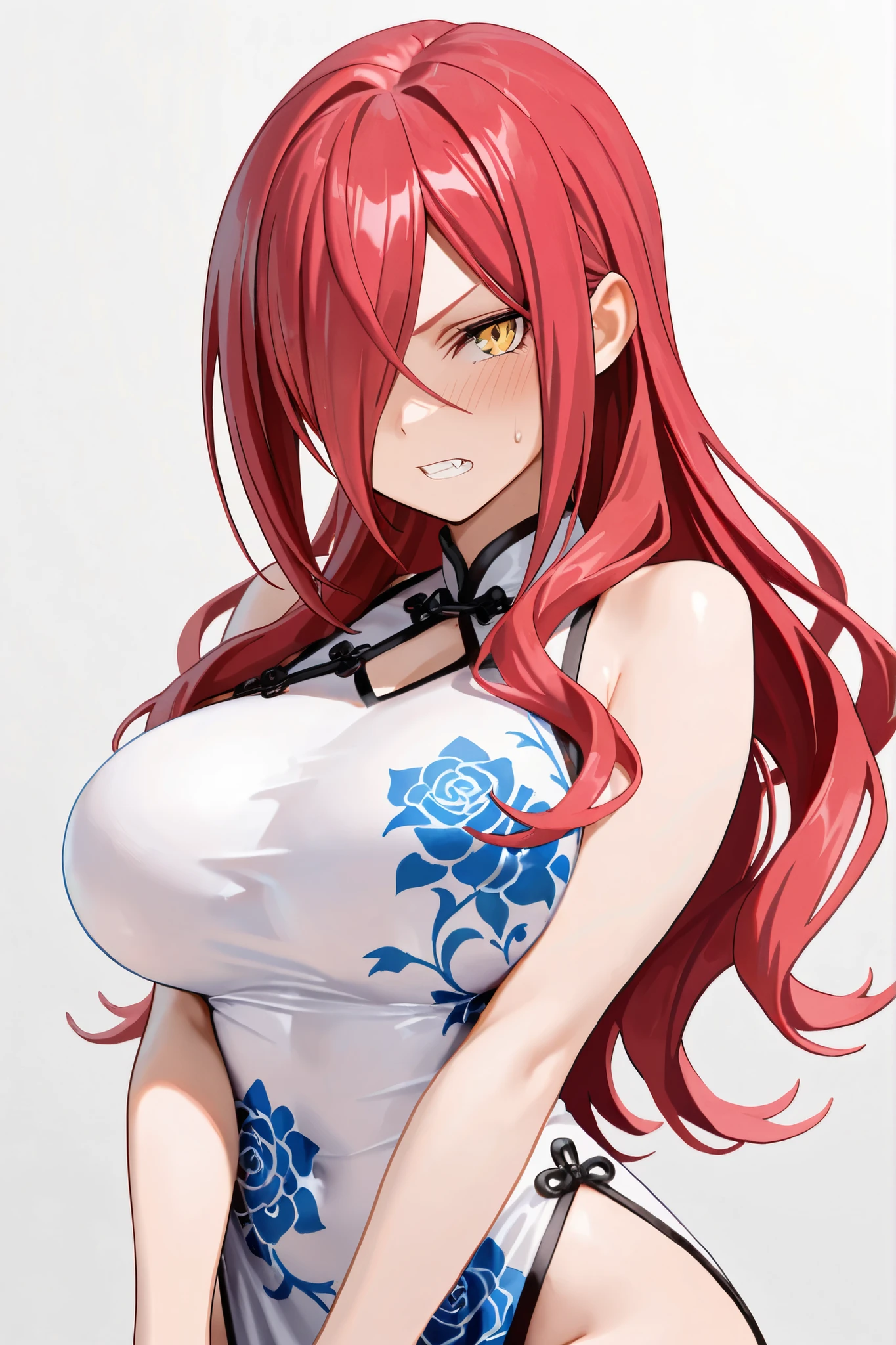 Kushina, prostitute, best quality: 1.1, 1 girl, (blue eyes), detailed blue eyes, well-aligned eyes, extremely detailed face, blushing cheeks, perfect face symmetry, smiling, embarrassed, (kunoichi clothes), BREAK intricate details on hands, intricate details on fingers, (huge) breasts, crimson hair, detailed hair, long hair, defined figure, thick muscular legs, small defined waist, voluptuous body, lascivious woman, nymphomaniac woman, dynamic pose, Interacting, ((simple white background): 1.5), (whole body perspective)